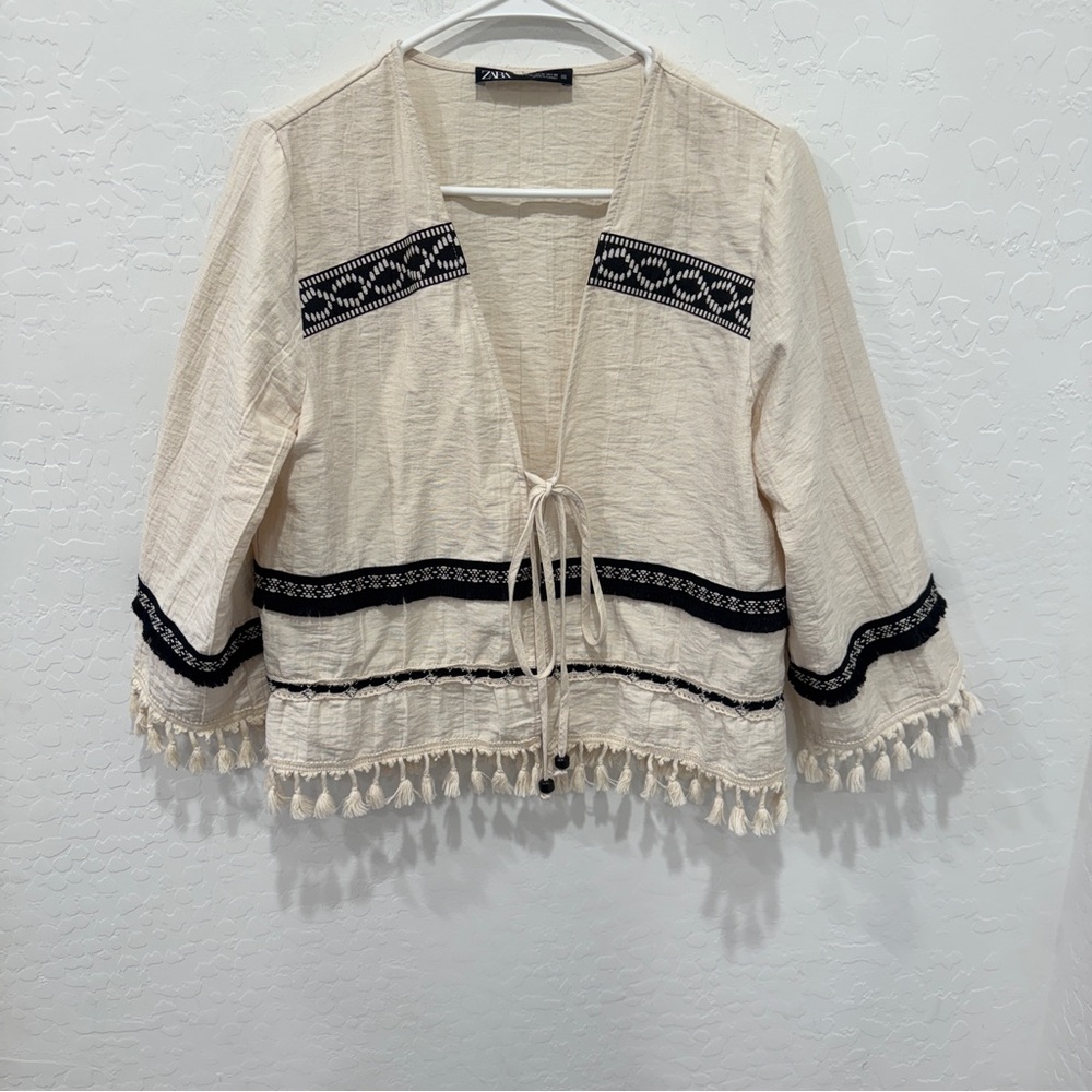 Zara Cream Textured Cardigan Womens Medium Fringed Tribal Aztec Natural